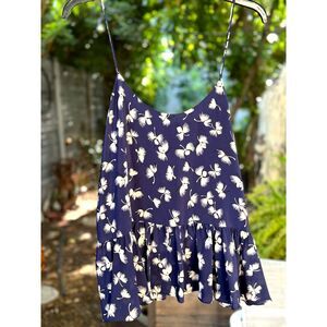 NWT Club Monoco Blue & White Silk Abstract Floral Ruffle Hem Camisole Top Size S